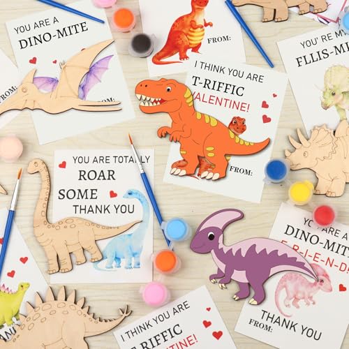KOYILTD Dinosaur Valentine Craft Kit - 24 Cards & Wooden Dinosaurs to Paint for Kids Classroom Exchanges