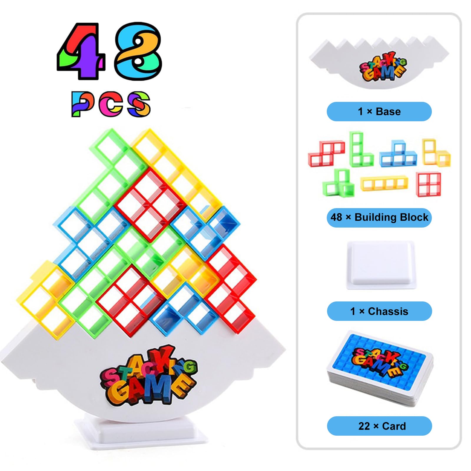 Koyzsen 48-Piece Balance Stacking Block Game – Family Stacking Toy with 22 Cards for Kids and Adults