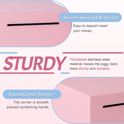 Kozsort Unbreakable Stainless Steel Piggy Bank for Adults - Pink, 4.72 Inch, Must Break to Open