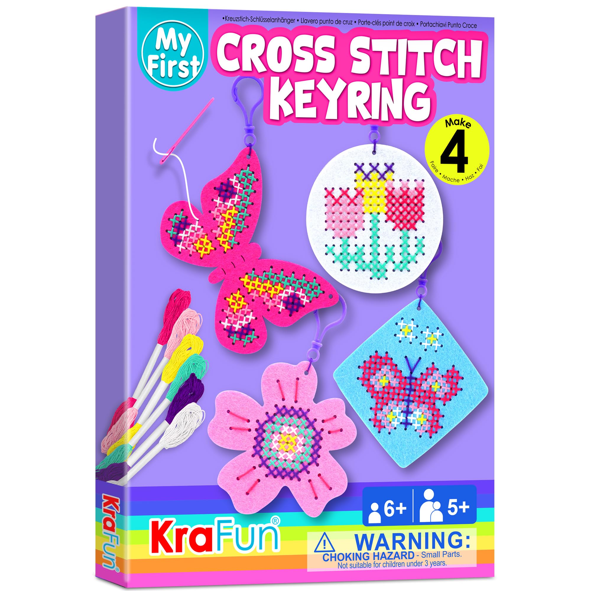 KRAFUN My First Cross Stitch Kit for Kids Age 5+: 4 Butterfly & Flower Keyring Projects, Embroidery Arts & Crafts Gift for Girls