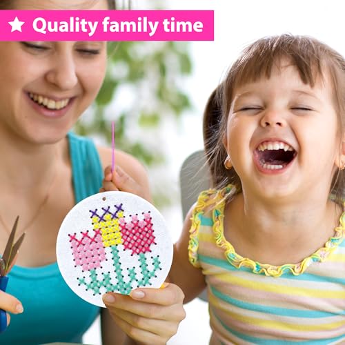 KRAFUN My First Cross Stitch Kit for Kids Age 5+: 4 Butterfly & Flower Keyring Projects, Embroidery Arts & Crafts Gift for Girls