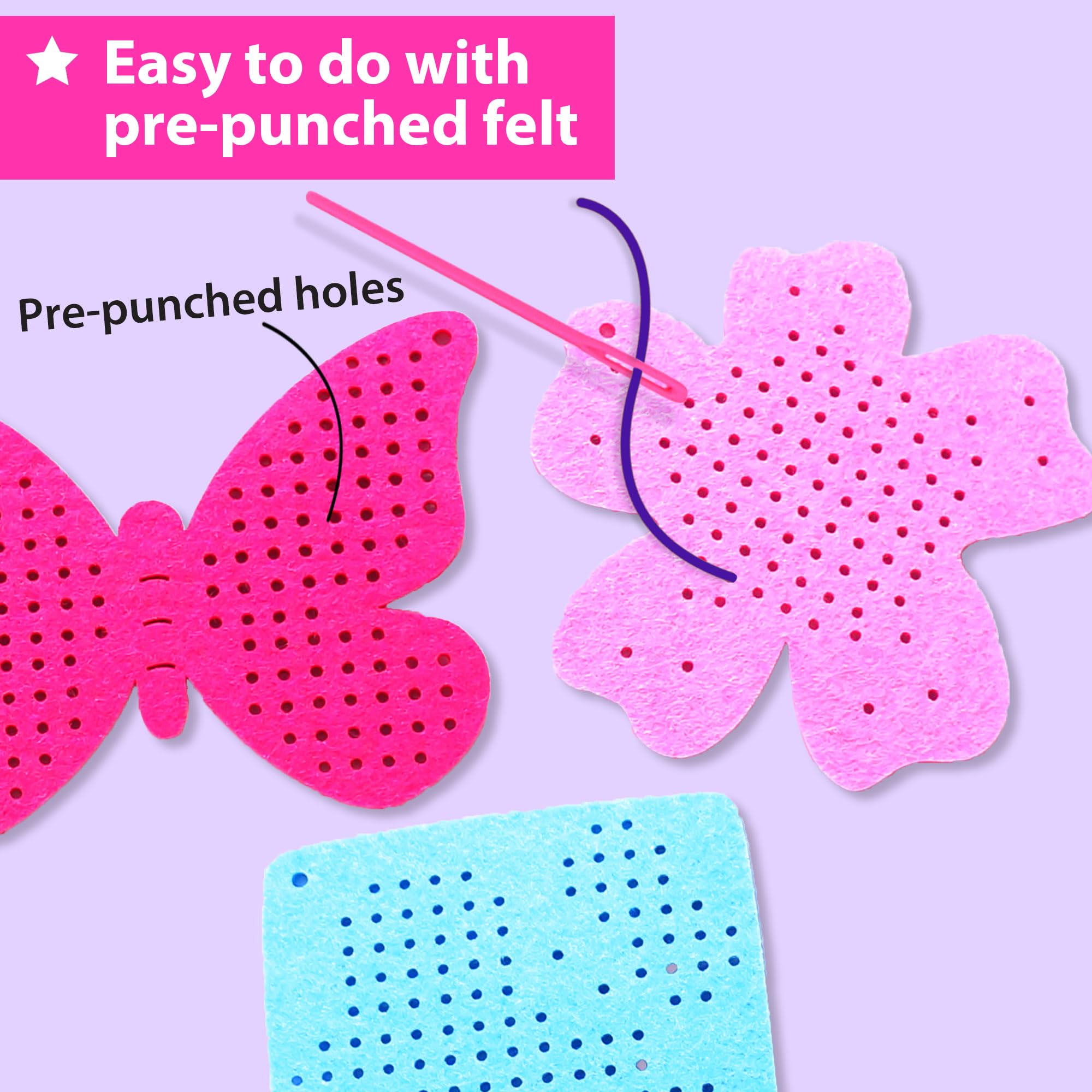 KRAFUN My First Cross Stitch Kit for Kids Age 5+: 4 Butterfly & Flower Keyring Projects, Embroidery Arts & Crafts Gift for Girls