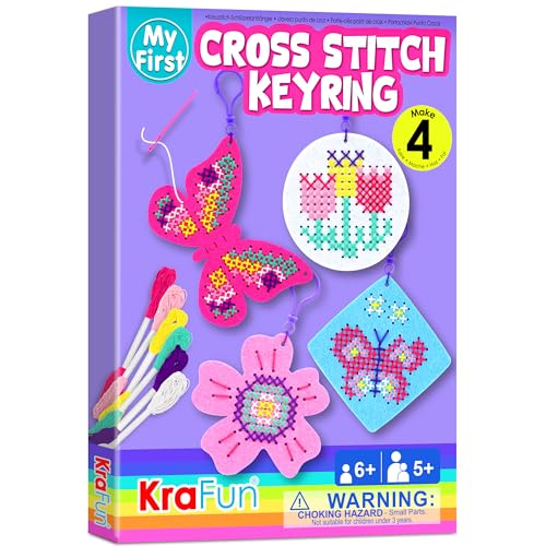 KRAFUN My First Cross Stitch Kit for Kids Age 5+: 4 Butterfly & Flower Keyring Projects, Embroidery Arts & Crafts Gift for Girls