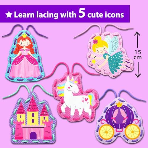 KRAFUN My First Lacing Cards Kit for Toddlers Age 3+, Princess Unicorn Fine Motor Activity Set