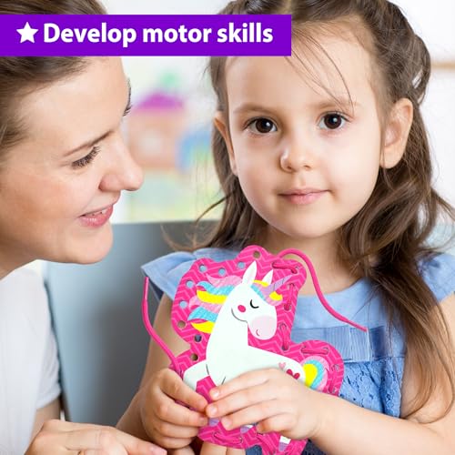 KRAFUN My First Lacing Cards Kit for Toddlers Age 3+, Princess Unicorn Fine Motor Activity Set