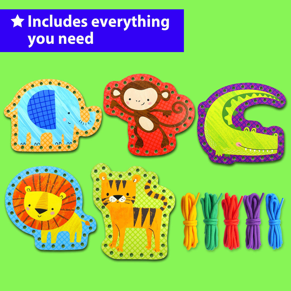 KRAFUN Safari Lacing Cards Kit – 5 Animal Fine Motor Activity for Toddlers Age 3+