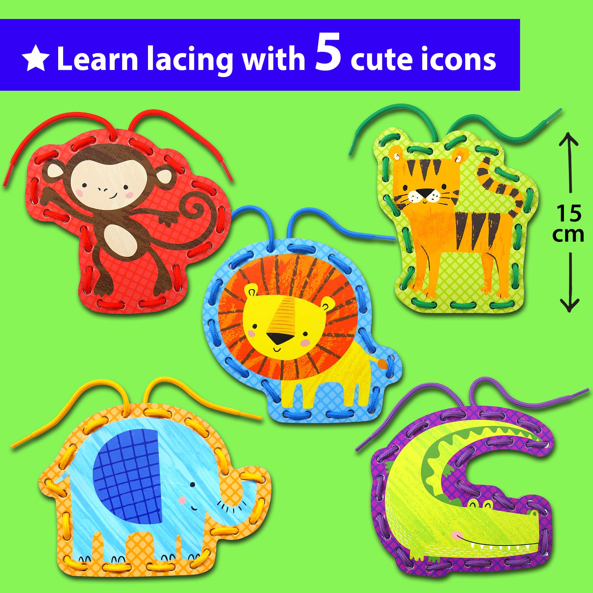 KRAFUN Safari Lacing Cards Kit – 5 Animal Fine Motor Activity for Toddlers Age 3+
