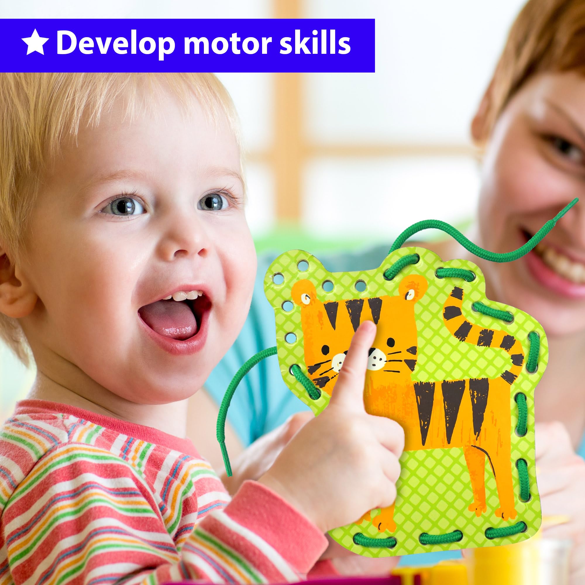 KRAFUN Safari Lacing Cards Kit – 5 Animal Fine Motor Activity for Toddlers Age 3+