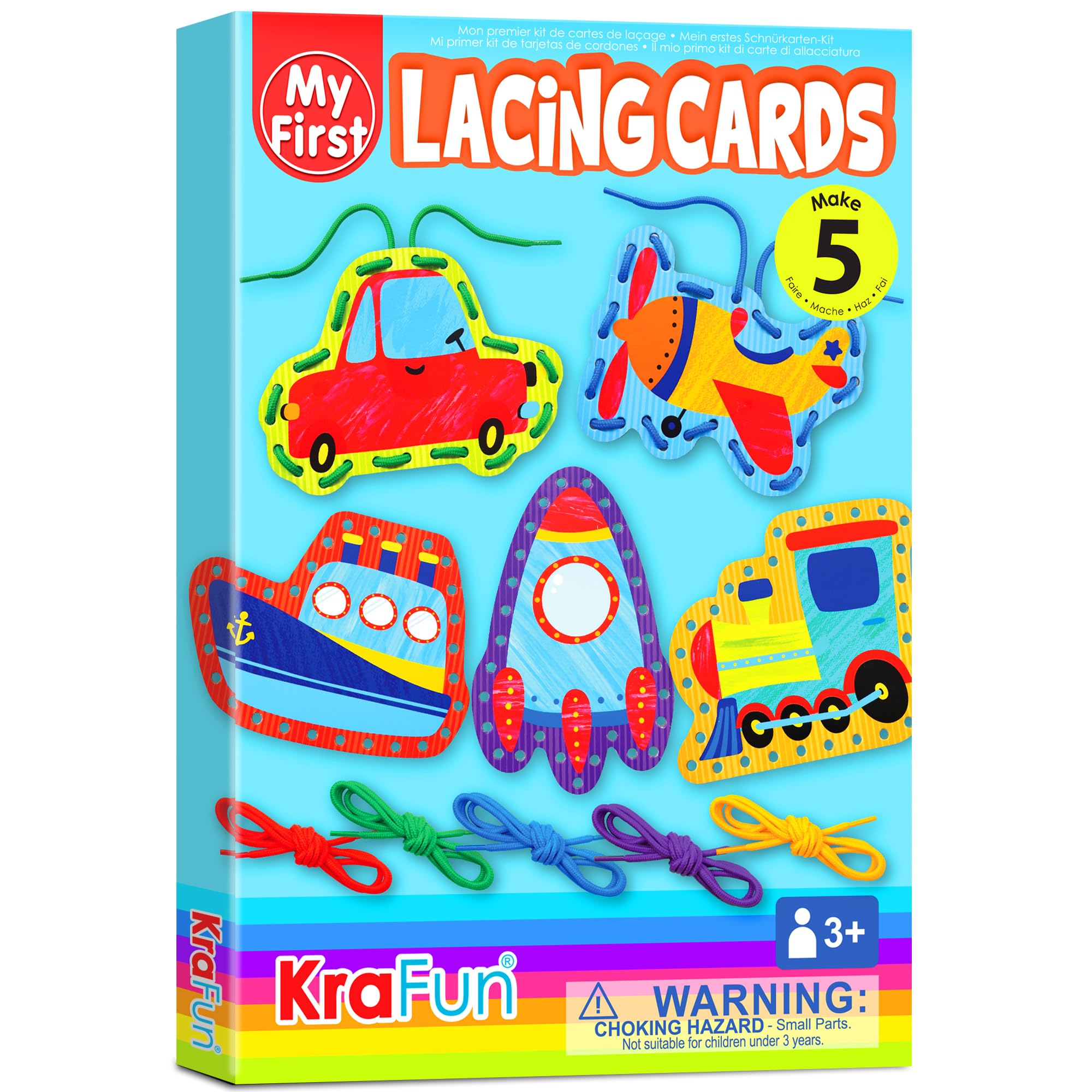 KRAFUN Transport Lacing Cards for Ages 3-7 | 5 Vehicle Projects (Car, Rocket, Train, Plane, Ship) | Fine Motor & Language Activity