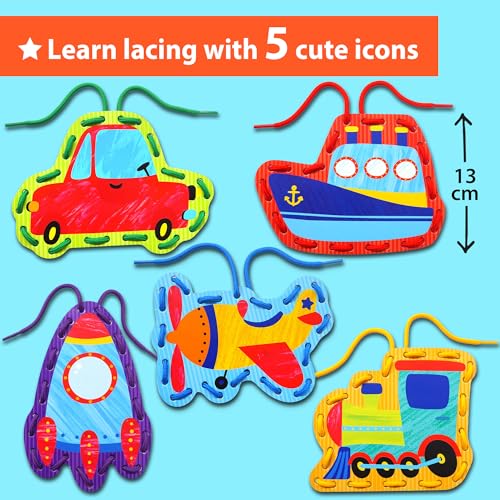 KRAFUN Transport Lacing Cards for Ages 3-7 | 5 Vehicle Projects (Car, Rocket, Train, Plane, Ship) | Fine Motor & Language Activity