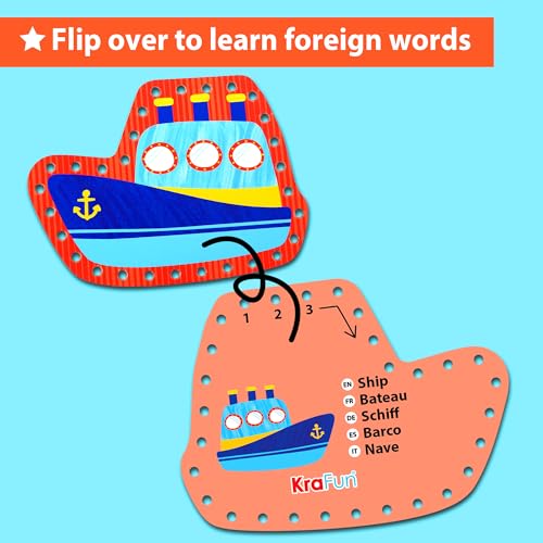 KRAFUN Transport Lacing Cards for Ages 3-7 | 5 Vehicle Projects (Car, Rocket, Train, Plane, Ship) | Fine Motor & Language Activity