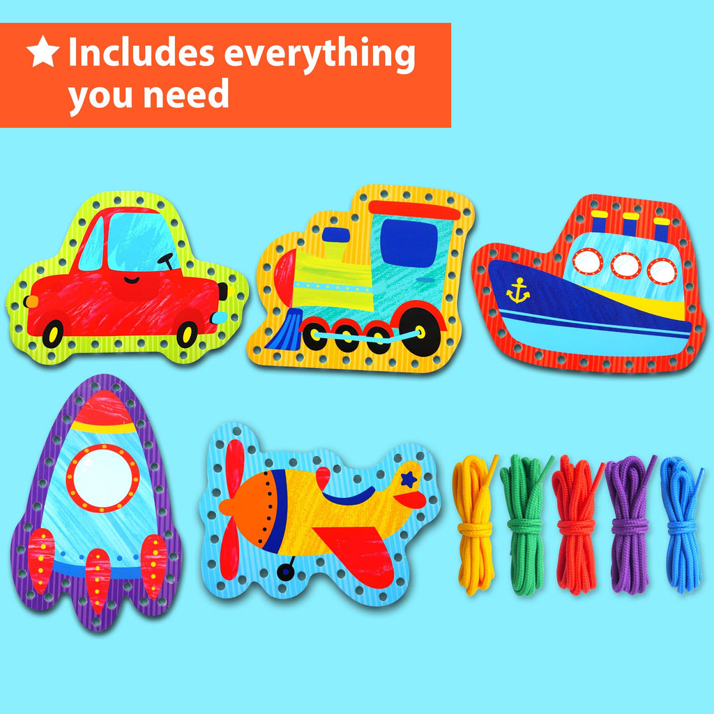 KRAFUN Transport Lacing Cards for Ages 3-7 | 5 Vehicle Projects (Car, Rocket, Train, Plane, Ship) | Fine Motor & Language Activity