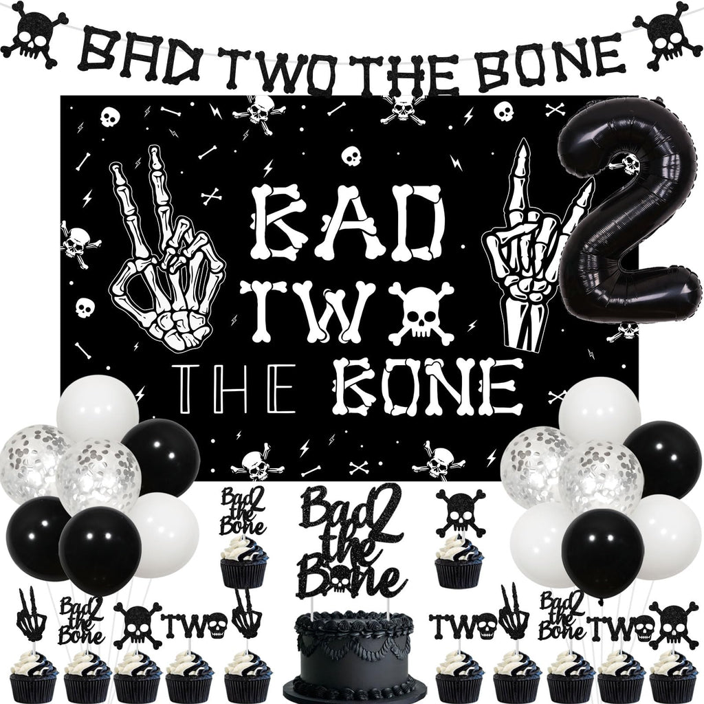 Kreatwow Bad Two The Bone Birthday Decorations Kit – Rock & Roll 2nd Birthday Set with Backdrop, Banner, Cake Topper, Balloons