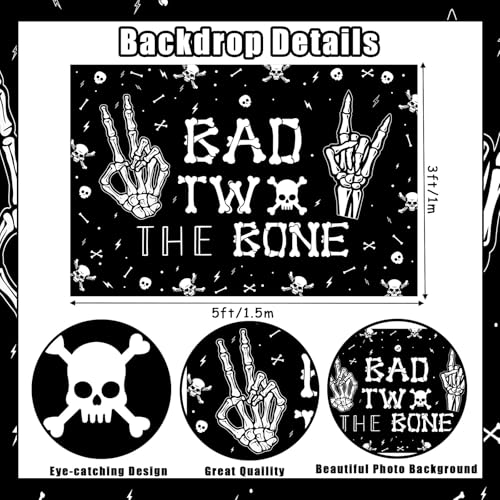 Kreatwow Bad Two The Bone Birthday Decorations Kit – Rock & Roll 2nd Birthday Set with Backdrop, Banner, Cake Topper, Balloons