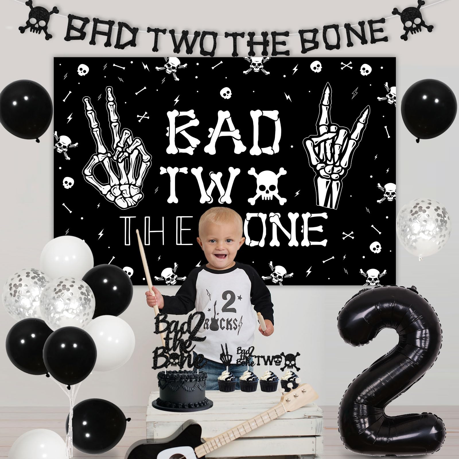 Kreatwow Bad Two The Bone Birthday Decorations Kit – Rock & Roll 2nd Birthday Set with Backdrop, Banner, Cake Topper, Balloons