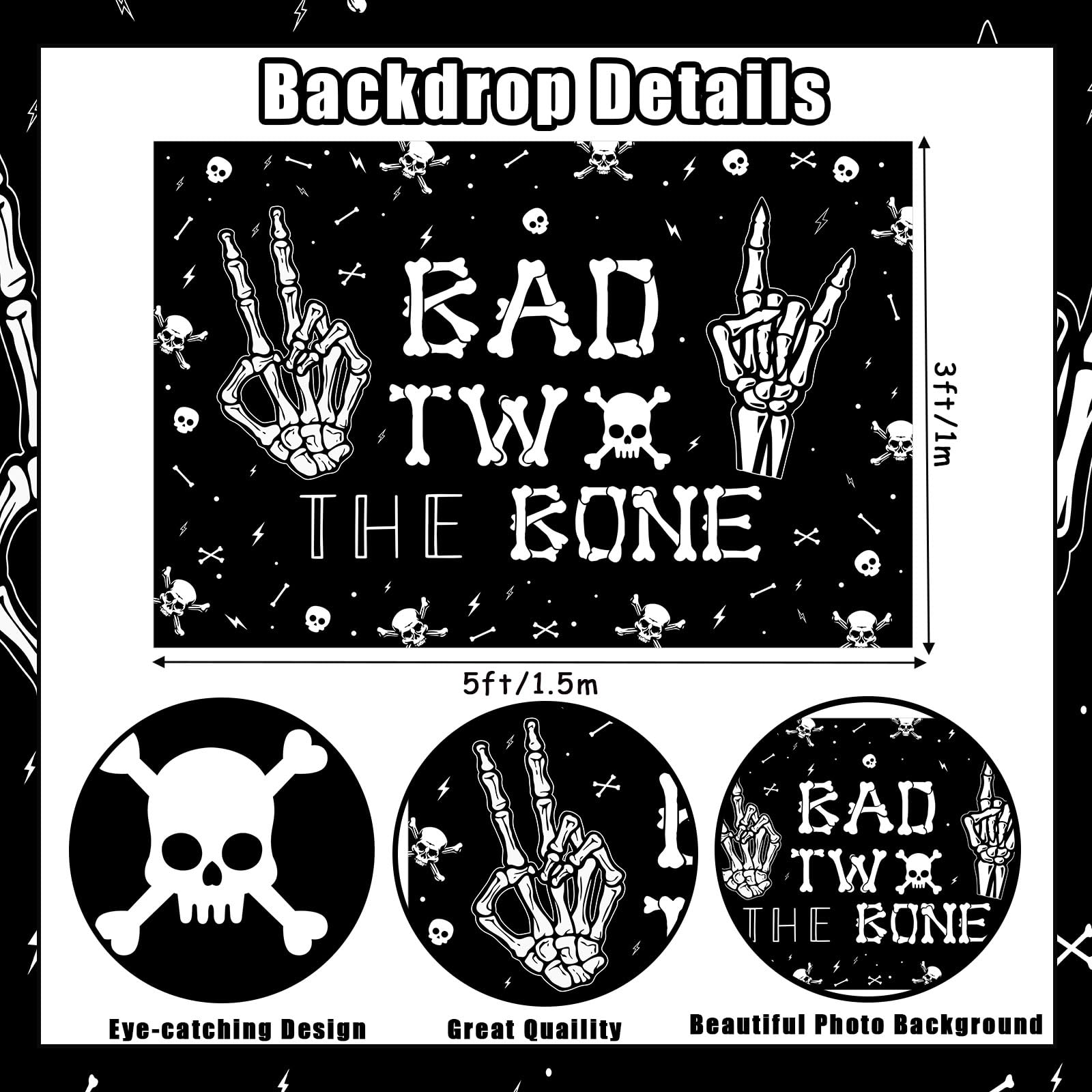 Kreatwow Bad Two The Bone Birthday Decorations Kit – Rock & Roll 2nd Birthday Set with Backdrop, Banner, Cake Topper, Balloons