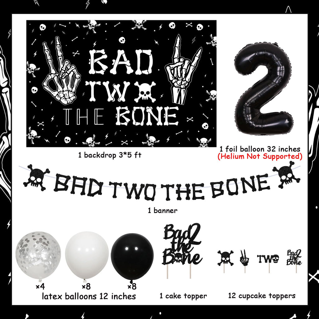 Kreatwow Bad Two The Bone Birthday Decorations Kit – Rock & Roll 2nd Birthday Set with Backdrop, Banner, Cake Topper, Balloons