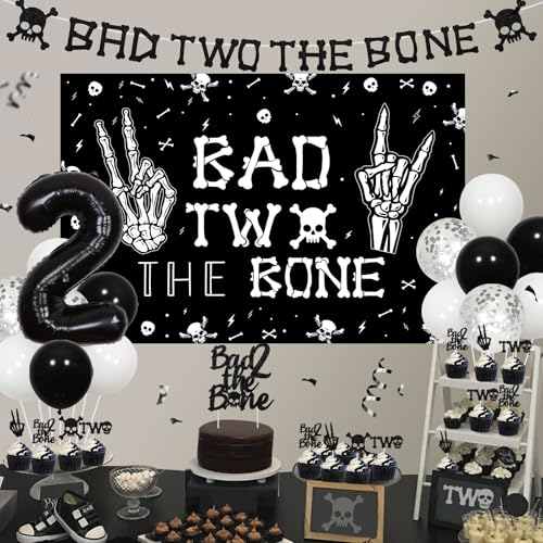 Kreatwow Bad Two The Bone Birthday Decorations Kit – Rock & Roll 2nd Birthday Set with Backdrop, Banner, Cake Topper, Balloons