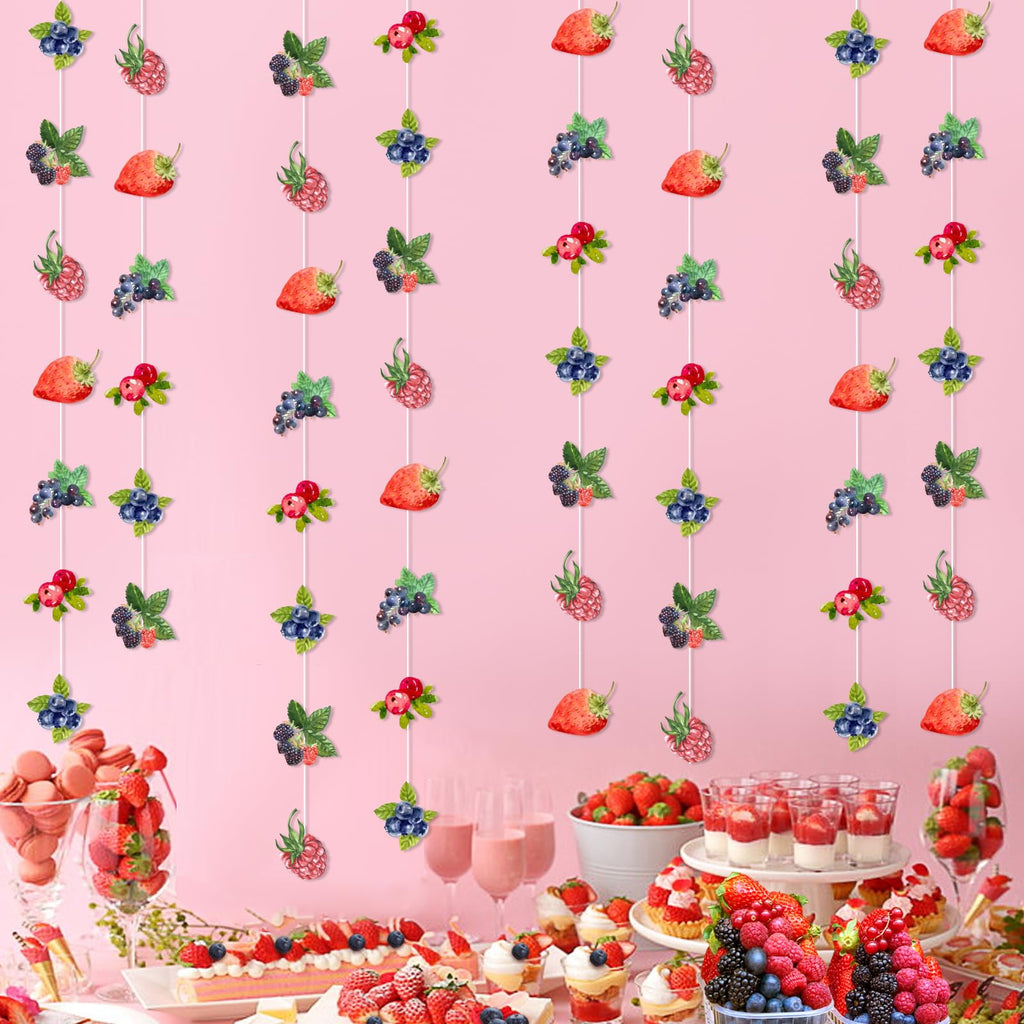 Kreatwow Berry Party Banner Set – 8 Hanging Streamers with Strawberry & Blueberry Theme, 2m Each, Reusable Card Paper Decor for Baby Shower, Birthday, Gender Reveal