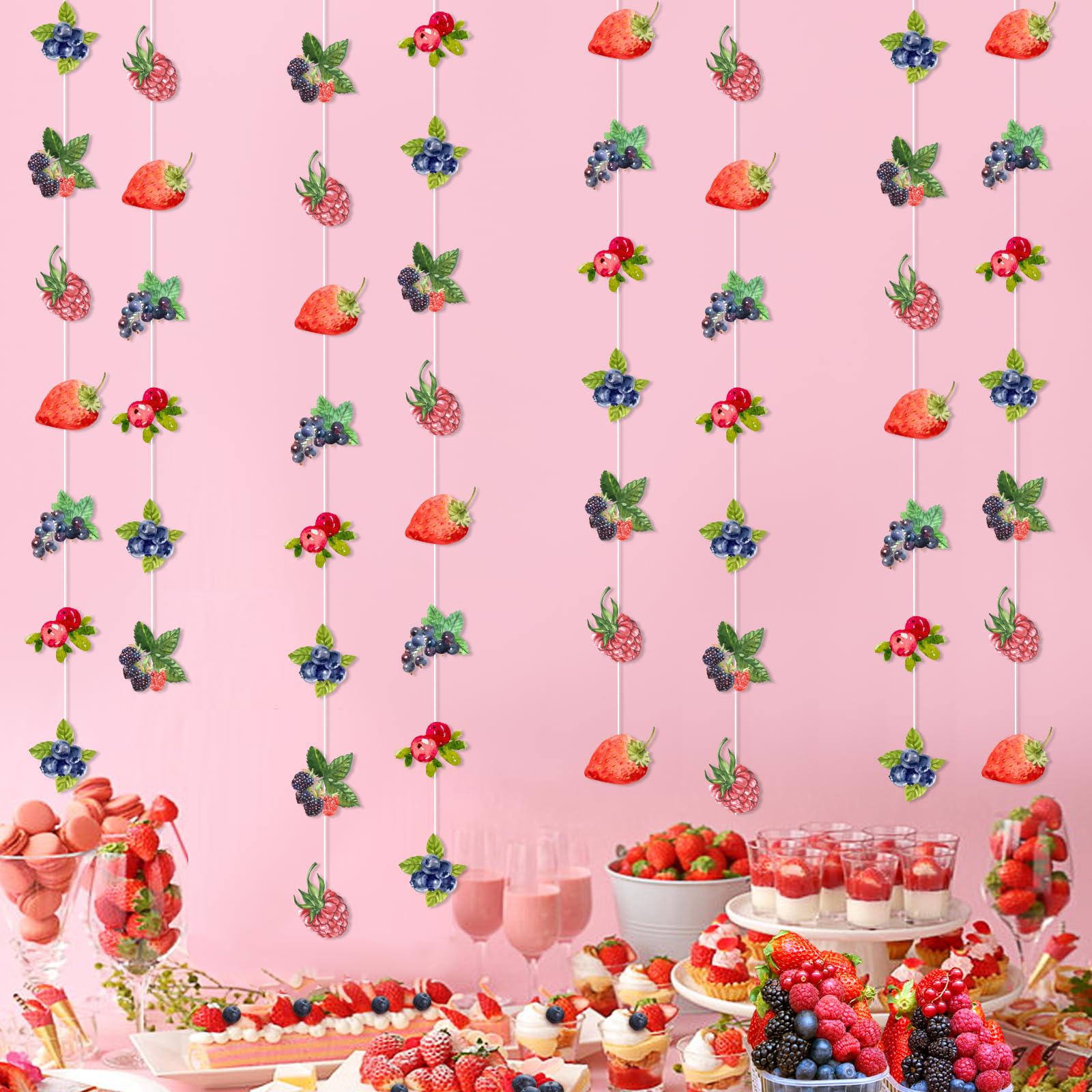 Kreatwow Berry Party Banner Set – 8 Hanging Streamers with Strawberry & Blueberry Theme, 2m Each, Reusable Card Paper Decor for Baby Shower, Birthday, Gender Reveal