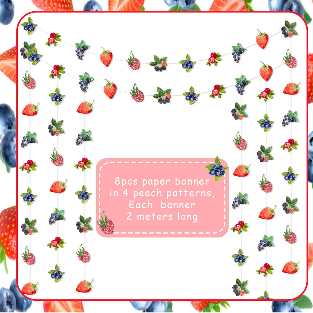 Kreatwow Berry Party Banner Set – 8 Hanging Streamers with Strawberry & Blueberry Theme, 2m Each, Reusable Card Paper Decor for Baby Shower, Birthday, Gender Reveal