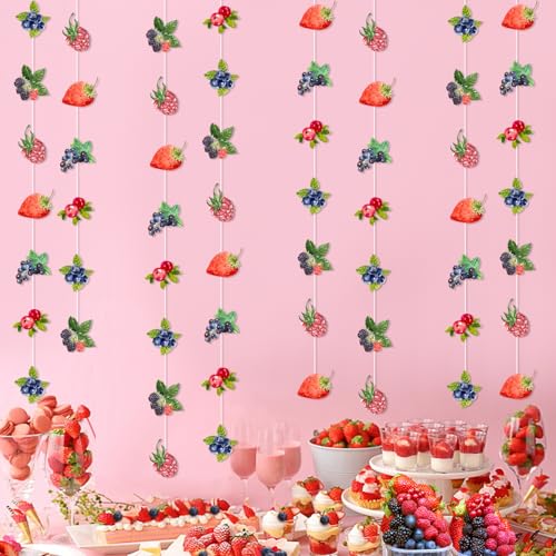 Kreatwow Berry Party Banner Set – 8 Hanging Streamers with Strawberry & Blueberry Theme, 2m Each, Reusable Card Paper Decor for Baby Shower, Birthday, Gender Reveal