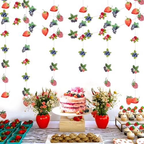 Kreatwow Berry Party Banner Set – 8 Hanging Streamers with Strawberry & Blueberry Theme, 2m Each, Reusable Card Paper Decor for Baby Shower, Birthday, Gender Reveal