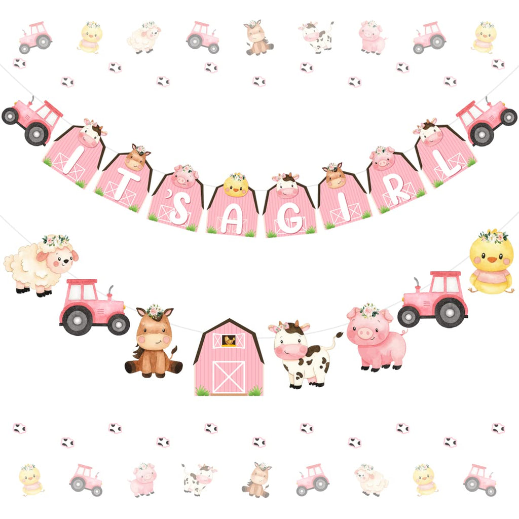 Kreatwow It's a Girl Farm Animal Banner & Garland Set - Pink Barnyard Baby Shower Decorations