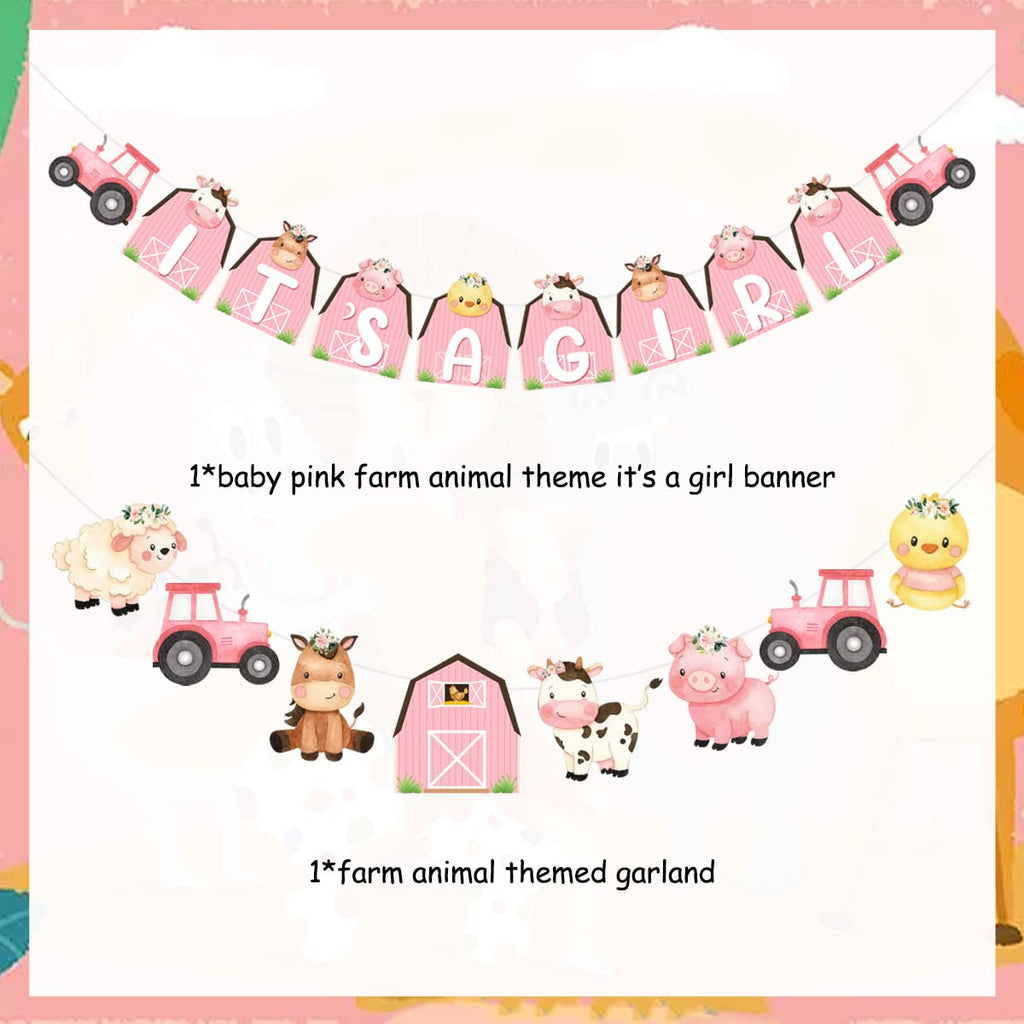 Kreatwow It's a Girl Farm Animal Banner & Garland Set - Pink Barnyard Baby Shower Decorations