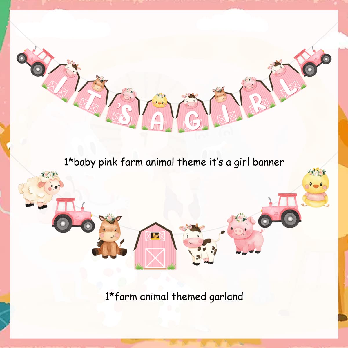 Kreatwow It's a Girl Farm Animal Banner & Garland Set - Pink Barnyard Baby Shower Decorations