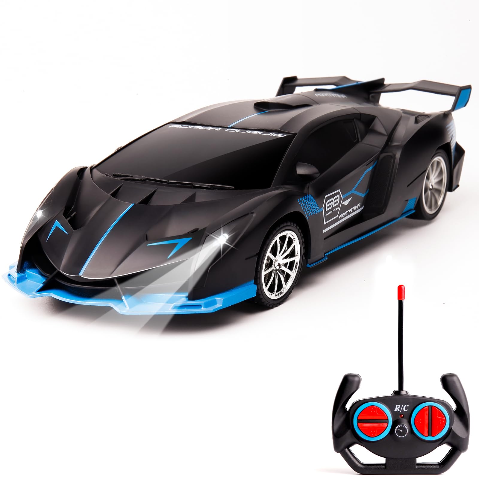 KULARIWORLD 1:18 RC Car for Boys – Fast Rechargeable with Headlights (Black/Blue)