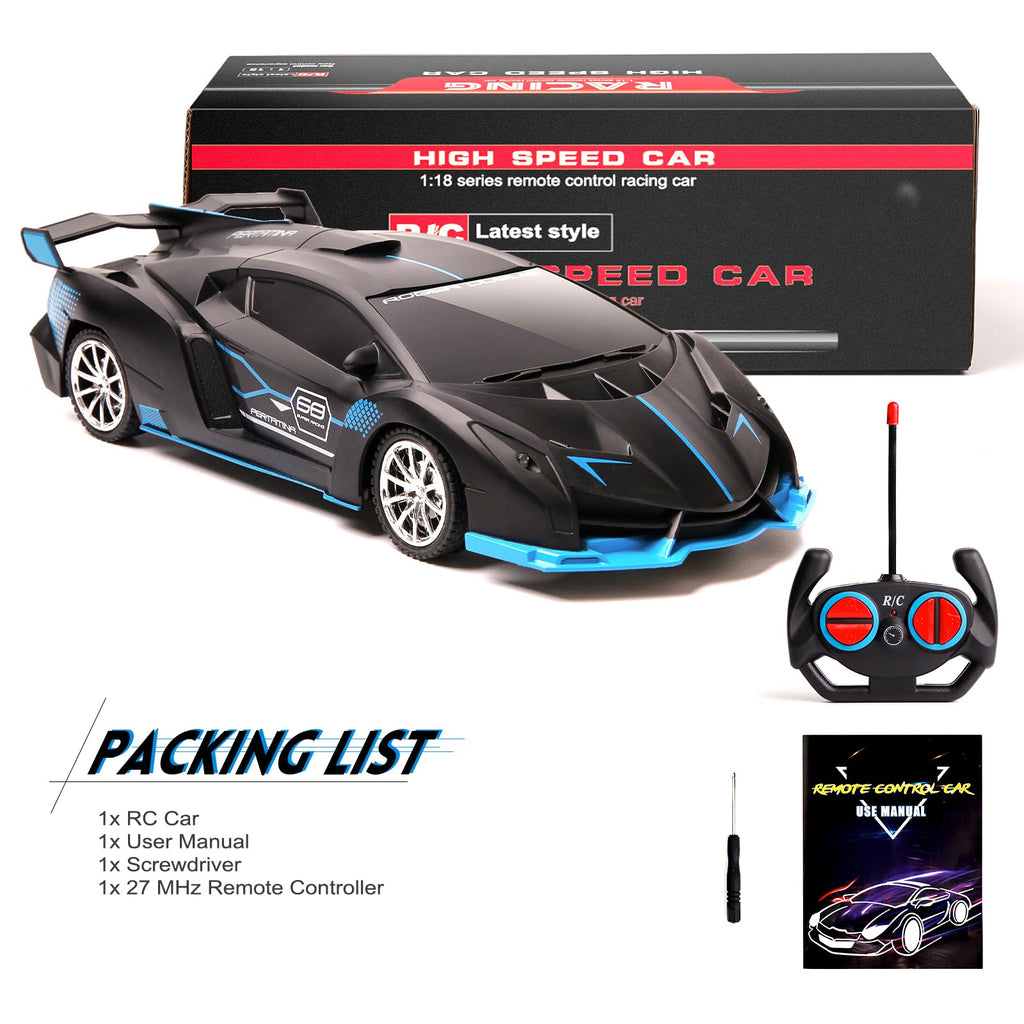 KULARIWORLD 1:18 RC Car for Boys – Fast Rechargeable with Headlights (Black/Blue)