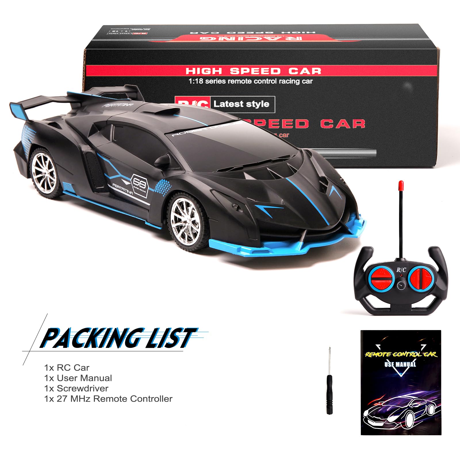 KULARIWORLD 1:18 RC Car for Boys – Fast Rechargeable with Headlights (Black/Blue)