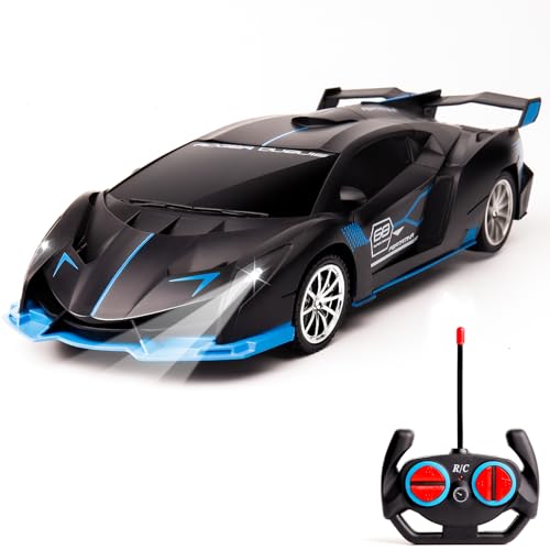 KULARIWORLD 1:18 RC Car for Boys – Fast Rechargeable with Headlights (Black/Blue)
