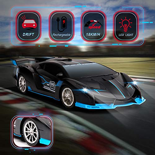 KULARIWORLD 1:18 RC Car for Boys – Fast Rechargeable with Headlights (Black/Blue)