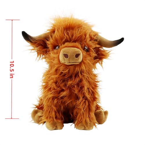 Kulupu 10.5 Inch Highland Cow Plush Toy - Realistic Soft Stuffed Animal, Handmade Fluffy Farm Cow with Long Horns, Cute Pillow for Kids and Adults
