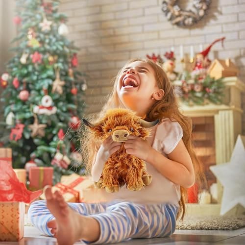 Kulupu 10.5 Inch Highland Cow Plush Toy - Realistic Soft Stuffed Animal, Handmade Fluffy Farm Cow with Long Horns, Cute Pillow for Kids and Adults