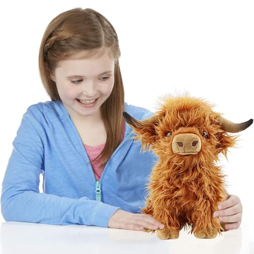 Kulupu 10.5 Inch Highland Cow Plush Toy - Realistic Soft Stuffed Animal, Handmade Fluffy Farm Cow with Long Horns, Cute Pillow for Kids and Adults