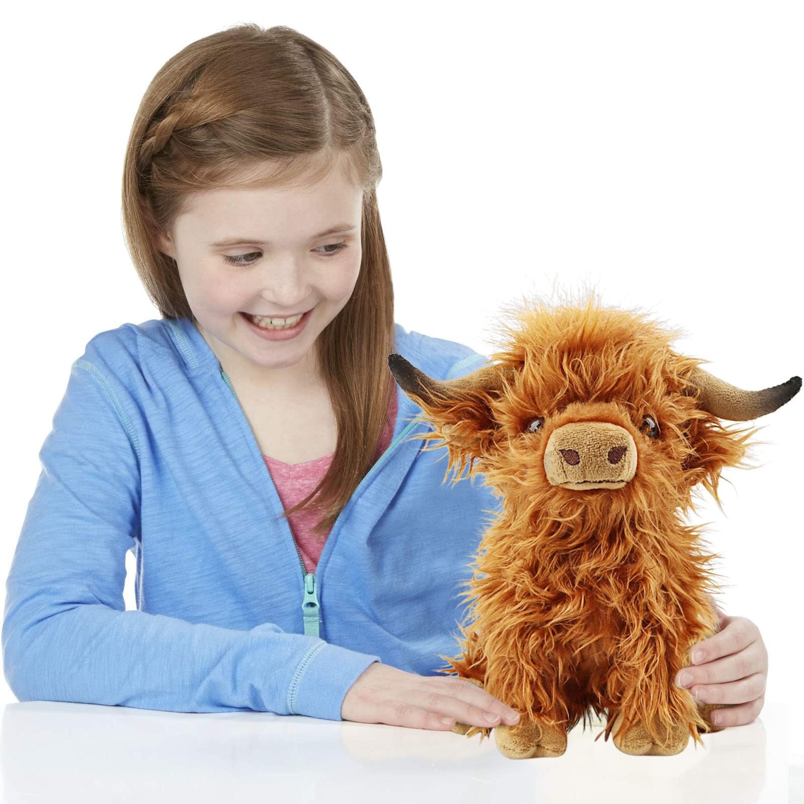 Kulupu 10.5 Inch Highland Cow Plush Toy - Realistic Soft Stuffed Animal, Handmade Fluffy Farm Cow with Long Horns, Cute Pillow for Kids and Adults