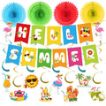 Kunstlhua Summer Decorations Set with Hello Summer Banner, Hanging Swirls, and Paper Fans for Beach Pool Parties