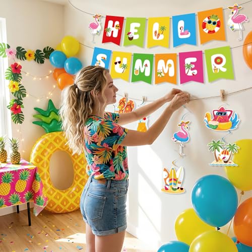 Kunstlhua Summer Decorations Set with Hello Summer Banner, Hanging Swirls, and Paper Fans for Beach Pool Parties