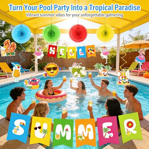 Kunstlhua Summer Decorations Set with Hello Summer Banner, Hanging Swirls, and Paper Fans for Beach Pool Parties