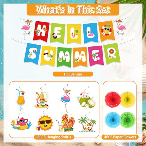 Kunstlhua Summer Decorations Set with Hello Summer Banner, Hanging Swirls, and Paper Fans for Beach Pool Parties