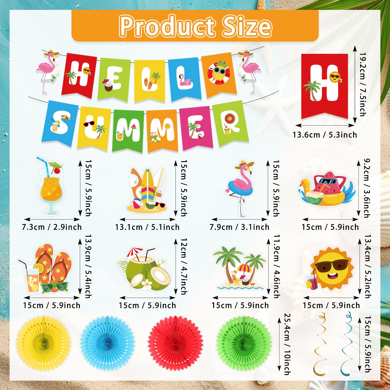 Kunstlhua Summer Decorations Set with Hello Summer Banner, Hanging Swirls, and Paper Fans for Beach Pool Parties