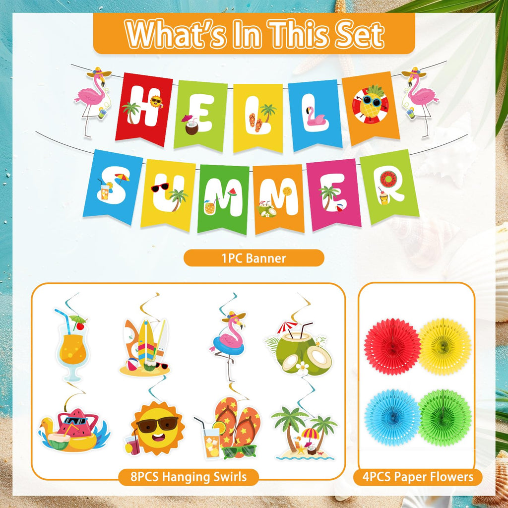 Kunstlhua Summer Decorations Set with Hello Summer Banner, Hanging Swirls, and Paper Fans for Beach Pool Parties