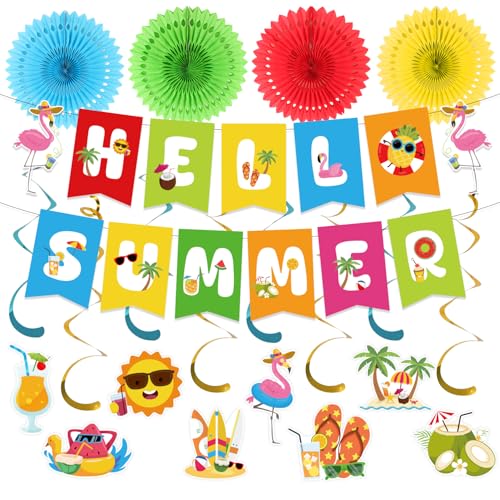 Kunstlhua Summer Decorations Set with Hello Summer Banner, Hanging Swirls, and Paper Fans for Beach Pool Parties