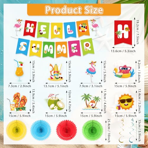 Kunstlhua Summer Decorations Set with Hello Summer Banner, Hanging Swirls, and Paper Fans for Beach Pool Parties