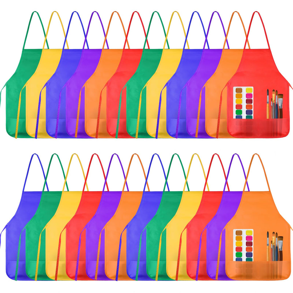 KUUQA Kids Art Aprons Bulk 24-Pack – Non-Woven Painting Smocks with Two Pockets for Ages 3-7