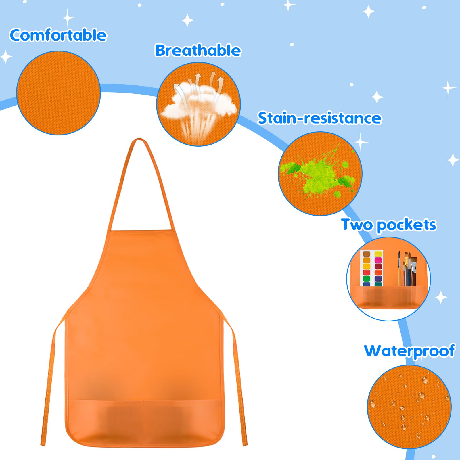 KUUQA Kids Art Aprons Bulk 24-Pack – Non-Woven Painting Smocks with Two Pockets for Ages 3-7