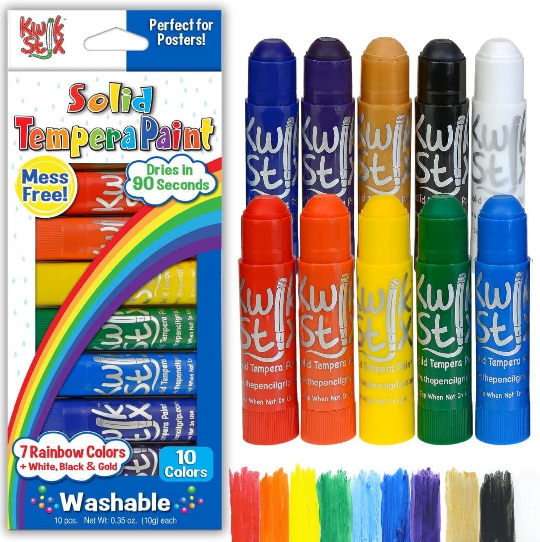 Kwik Stix Solid Tempera Paint Sticks, 10 Rainbow Colors, Washable & Non-Toxic, Quick Drying, Mess-Free Art Supplies for Kids